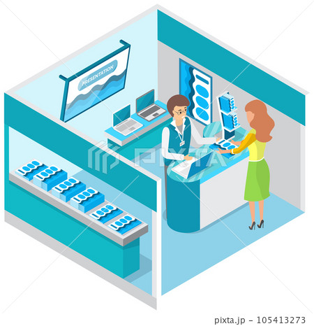 New technologies, computers at exhibition. Woman watches presentation of laptop near promotion stand 105413273