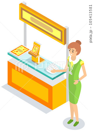 Person offers to buy product from company. Stand and showcase for trade with advertising brochures 105413581