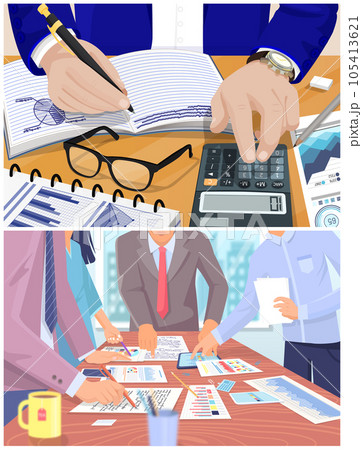 Employees analyze statistical indicators, business data. Characters work with marketing research 105413621