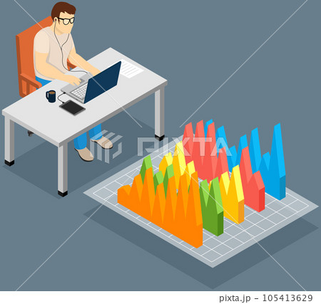 Employees analyze statistical indicators, business data. Characters work with marketing research Employees analyze statistical indicators, business data. Characters work with marketing research 105413629