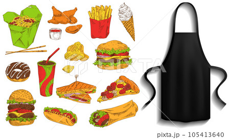 Protective garment for cooking near food icons. Apron next to fastfood dishes vector illustration Protective garment for cooking near food icons. Apron next to fastfood dishes vector illustration 105413640