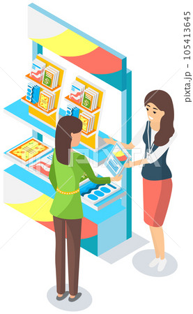 Woman buys books in bookstore. Businesswoman distributes advertising brochures at exhibition 105413645