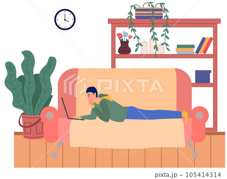 Distance learning, freelance and internet job. Young man lying with laptop on couch at home 105414314