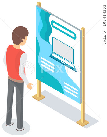 Man looking at presentation poster of new computer. Ad for laptop, advertisement for sale of gadget 105414363