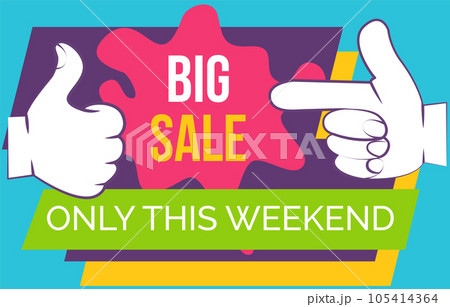 Big sale banner. Sale and discounts. Big discount with human hand pointing to advertising phrase Big sale banner. Sale and discounts. Big discount with human hand pointing to advertising phrase 105414364