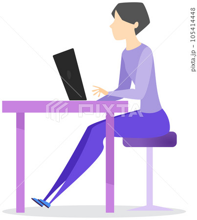 Female character in business suit working at computer. Woman sitting with laptop surfing internet 105414448