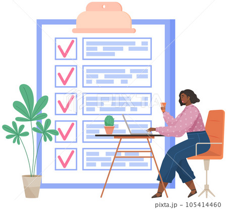 Female freelancer sitting with laptop near big clipboard with check marks, working with to do list Female freelancer sitting with laptop near big clipboard with check marks, working with to do list 105414460