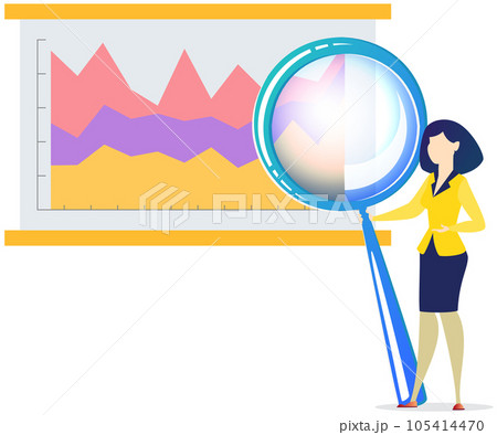 Businesswoman enlarges documents using magnifier. Lady standing with huge magnifying glass Businesswoman enlarges documents using magnifier. Lady standing with huge magnifying glass 105414470