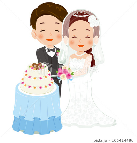 ケーキカット　笑顔　男性と純白ドレスの女性2 105414496