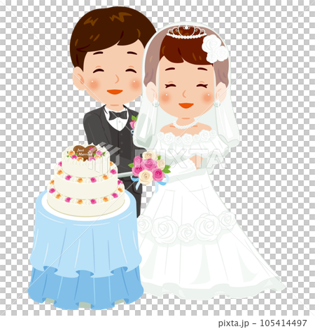 切蛋糕微笑的男人和女人穿著純白色的連衣裙 1 105414497