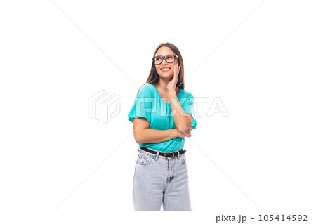 30 year old beautiful brunette woman with flowing straight hair wears glasses for vision correction 105414592