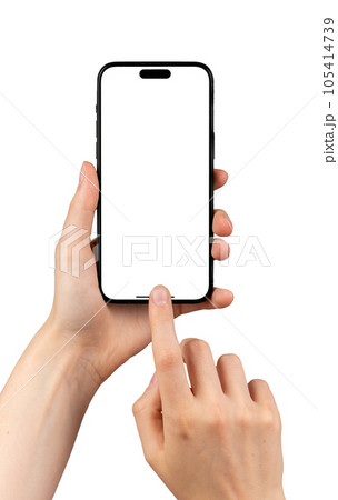 Berlin, Germany July 15 2023 Iphone 14 pro max mockup, click finger on phone screen isolated white Berlin, Germany July 15 2023 Iphone 14 pro max mockup, click finger on phone screen isolated white 105414739