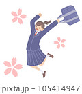 ジャンプする女学生と桜 105414947