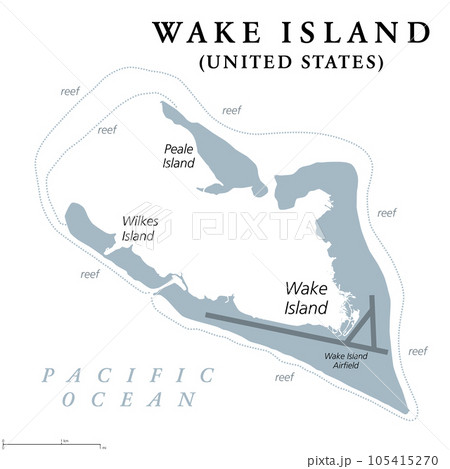 Wake Island, gray political map. Also called Wake Atoll, a coral atoll in the Pacific in the northeastern area of Micronesia. Unorganized, unincorporated territory of the United States. Illustration. 105415270