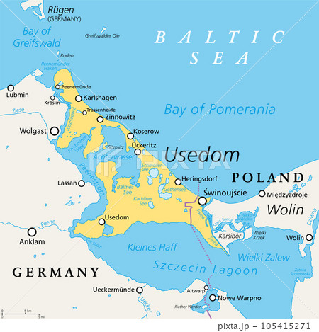 Usedom, Baltic Sea island in Pomerania, political map. Nicknamed Sun Island, the sunniest and most populous Island of the Baltic Sea, divided between Germany and Poland. A popular tourist destination. Usedom, Baltic Sea island in Pomerania, political map. Nicknamed Sun Island, the sunniest and most populous Island of the Baltic Sea, divided between Germany and Poland. A popular tourist destination. 105415271