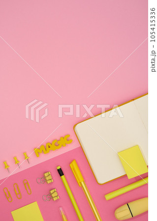 Card with yellow school and office stationery set on pink background. Card with yellow school and office stationery set on pink background. 105415336