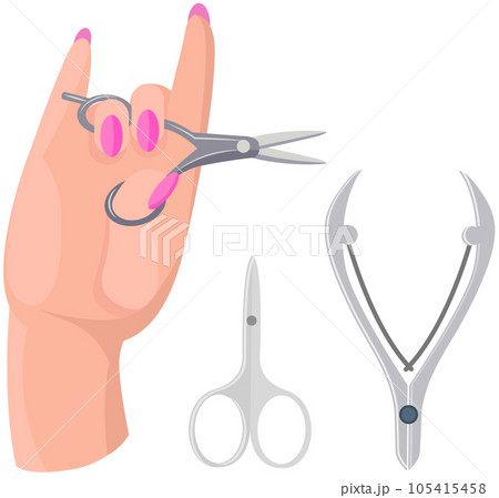Manicure master equipment, scissors and nail clippers. Manicurist supplies for working with nails 105415458