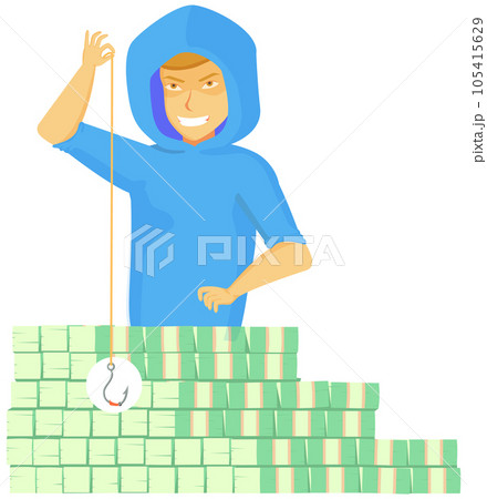 Dangerous criminal thief puts banknotes on hook to steal. Man stealing money, dollar bills Dangerous criminal thief puts banknotes on hook to steal. Man stealing money, dollar bills 105415629