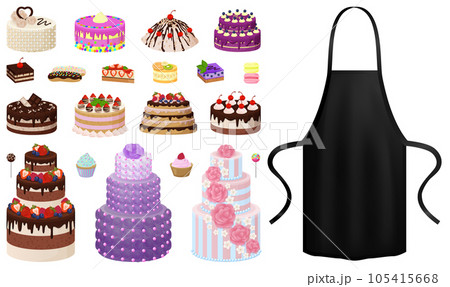 Chef clothing next to cakes. Protective garment, apron for cooking near bakery products icons Chef clothing next to cakes. Protective garment, apron for cooking near bakery products icons 105415668