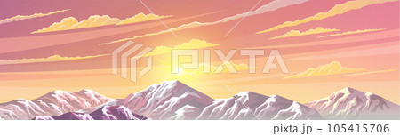 Beautiful horizon with mountaine scenery, snow-capped peaks, sunrise or sunset on clear bright day Beautiful horizon with mountaine scenery, snow-capped peaks, sunrise or sunset on clear bright day 105415706