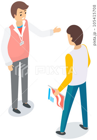 People talk at exhibition. Colleagues discuss at business meeting. Male characters communicate People talk at exhibition. Colleagues discuss at business meeting. Male characters communicate 105415708