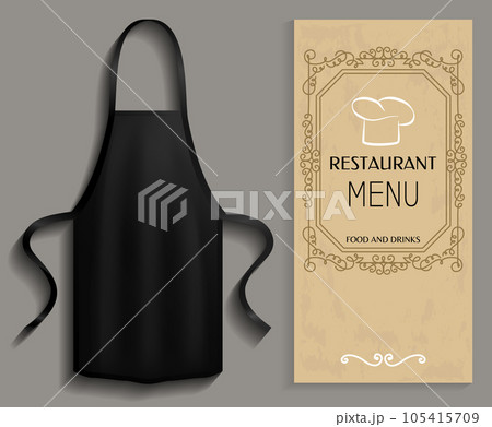 Clothing for cooking in kitchen near restaurant menu. Apron next to list of food and drinks 105415709