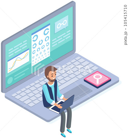 Laptop with ophthalmic medical website with chart eye. Man checking vision and state of eyes 105415710