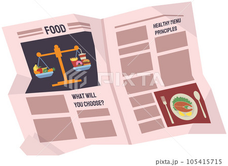 Vintage newspaper of healthy food. News articles newsprint magazine old design. Printing text in preess Vintage newspaper of healthy food. News articles newsprint magazine old design. Printing text in preess 105415715