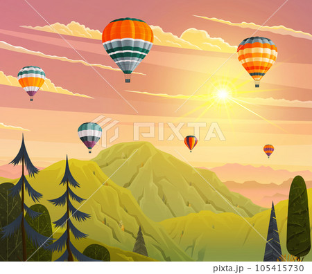 Clouds and striped hot air balloons against cloudy sky fly over mountains. Hot air balloon festival Clouds and striped hot air balloons against cloudy sky fly over mountains. Hot air balloon festival 105415730