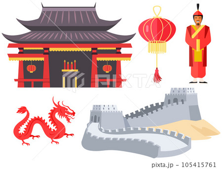 Asian or Chinese building or temple in traditional style and fabulous mythical red dragon isolated Asian or Chinese building or temple in traditional style and fabulous mythical red dragon isolated 105415761