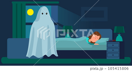 Ghosts in a dream. Girl s fantasy with frightened expression imagining very scary big monster Ghosts in a dream. Girl s fantasy with frightened expression imagining very scary big monster 105415806