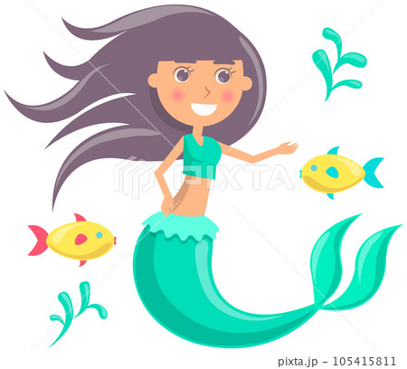 Underwater life of mermaid, blue fish, sea horse, coral and seaweed in ocean. Cartoon water nymph 105415811