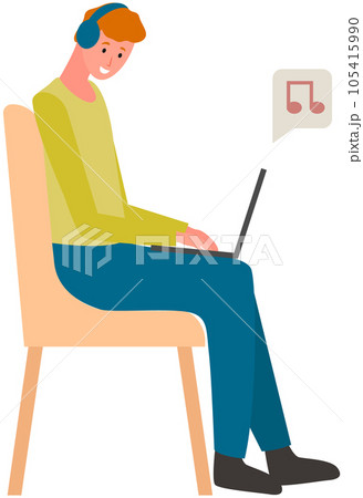 Man in armchair listens to music in headphones. Listening to radio, songs, audio with computer 105415990