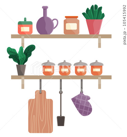 Kitchen tools and restaurant equipment on shelves. Kitchen shelf with kitchenware and utensil 105415992