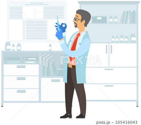 Doctor stands in hospital office holding syringe in hand. Ambulance doctor. Flu shot vaccination Doctor stands in hospital office holding syringe in hand. Ambulance doctor. Flu shot vaccination 105416043