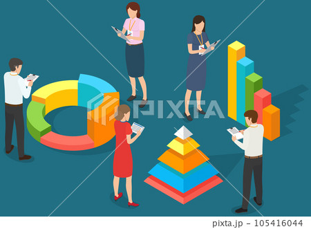 Employees analyze statistical indicators, business data. Characters work with marketing research Employees analyze statistical indicators, business data. Characters work with marketing research 105416044