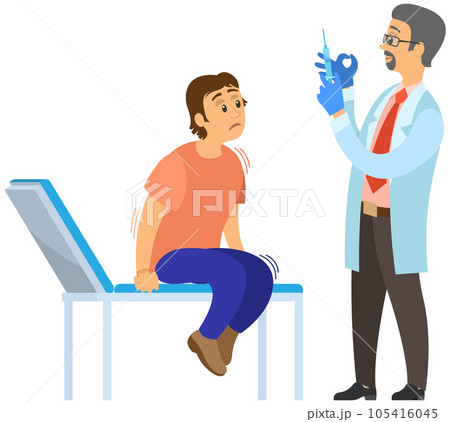 Doctor making treatment with vaccine to patient. Male character suffering from fear of injection Doctor making treatment with vaccine to patient. Male character suffering from fear of injection 105416045