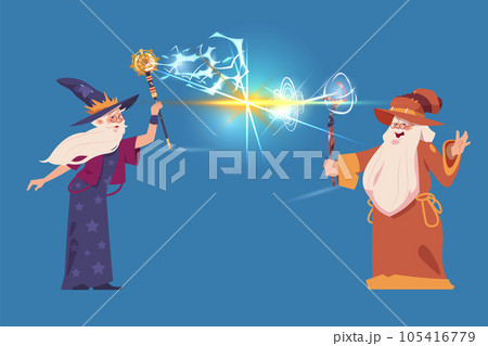 Cartoon wizards battle. Merlin and senior sorcerer attacking with magical spells. Warlocks staff and magicians wand. Magic fight. Fairytale elderly characters. Vector fantasy illustration Cartoon wizards battle. Merlin and senior sorcerer attacking with magical spells. Warlocks staff and magicians wand. Magic fight. Fairytale elderly characters. Vector fantasy illustration 105416779