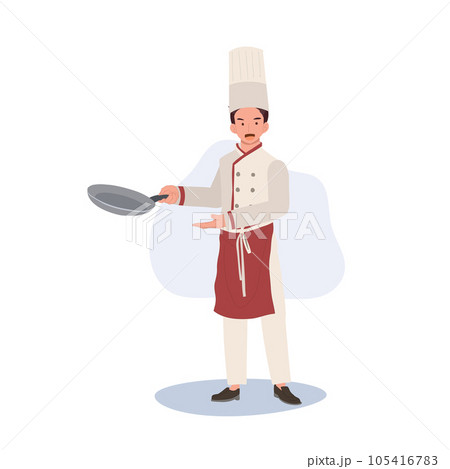 Full Length of Chef Illustration. Professional Male Chef  in Chef Hat Holding Pan. Flat vector cartoon illustration 105416783