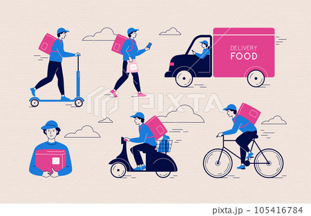 Scooter delivery. Courier on bicycle or bike, food and package, man on van, motorcycle parcel service, driver on fast truck. Deliveryman on transport riding. Vector illustration concept 105416784