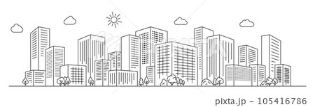 City landscape. Line urban backdrop. Skyline with clouds, different buildings on street, doodle street draw, outline cityscape hand sketch, flat houses. Outline graphic. Vector background City landscape. Line urban backdrop. Skyline with clouds, different buildings on street, doodle street draw, outline cityscape hand sketch, flat houses. Outline graphic. Vector background 105416786