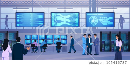 Data control. Room center. Operators in government. Computer security mission. Electronic equipment. Employees work with servers and database. Network technology. Vector illustration Data control. Room center. Operators in government. Computer security mission. Electronic equipment. Employees work with servers and database. Network technology. Vector illustration 105416787