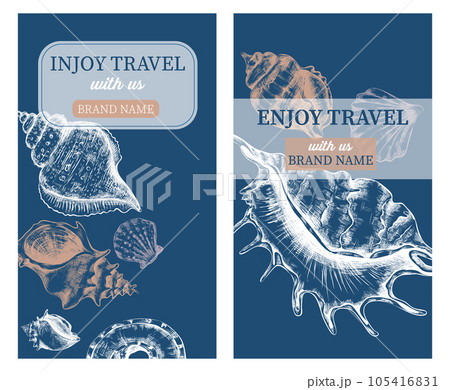 Sea shells. Hand drawn marine vertical posters with hand drawn sketch style elements. Flyer or brochure template. Banner or menu cover. Exotic nautilus, tropical clams. Vector illustration set 105416831