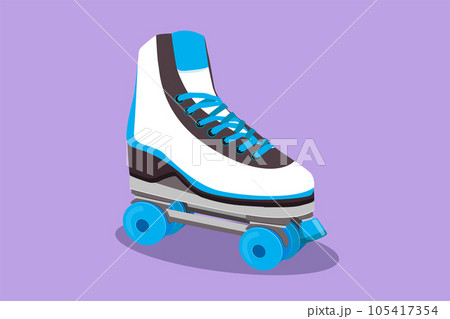 Graphic flat design drawing stylized old retro plastic quad roller skate shoes logo, symbol. Trendy vintage classic sport concept. Healthy fitness sports equipment. Cartoon style vector illustration Graphic flat design drawing stylized old retro plastic quad roller skate shoes logo, symbol. Trendy vintage classic sport concept. Healthy fitness sports equipment. Cartoon style vector illustration 105417354