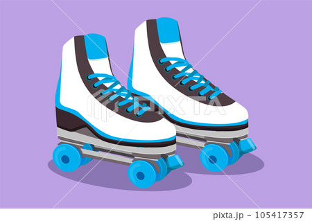 Cartoon flat style drawing pair of old retro plastic quad roller skate shoes logo, symbol. Vintage classic extreme sport concept. Young teenager style roller skates. Graphic design vector illustration Cartoon flat style drawing pair of old retro plastic quad roller skate shoes logo, symbol. Vintage classic extreme sport concept. Young teenager style roller skates. Graphic design vector illustration 105417357