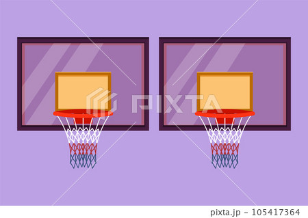 Cartoon flat style drawing basketball hoop or basketball basket logo, template, label, icon, symbol. Net with round circle, equipment of sport gym. Sportive basket. Graphic design vector illustration Cartoon flat style drawing basketball hoop or basketball basket logo, template, label, icon, symbol. Net with round circle, equipment of sport gym. Sportive basket. Graphic design vector illustration 105417364