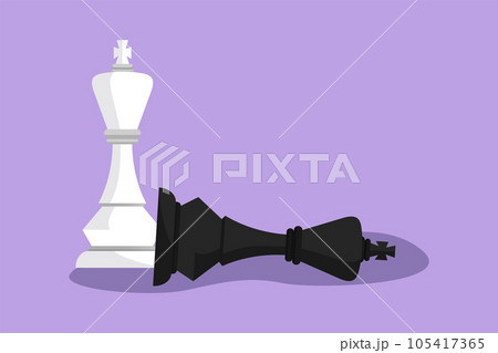 Graphic flat design drawing figures of wooden chess on chessboard. King, queen of opposing team. Composition for tourney. Queen chess figure as symbol of leadership. Cartoon style vector illustration Graphic flat design drawing figures of wooden chess on chessboard. King, queen of opposing team. Composition for tourney. Queen chess figure as symbol of leadership. Cartoon style vector illustration 105417365