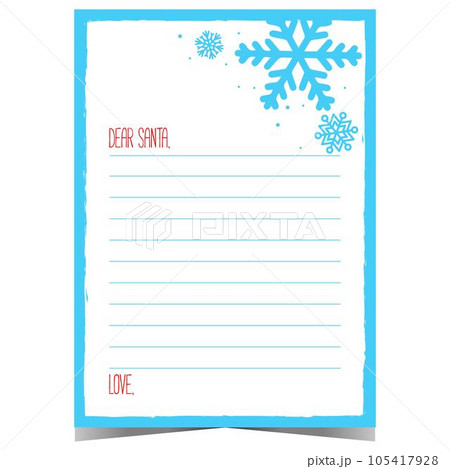 Dear Santa postcard or wish list blank template for children to fill in and send it to Santa Claus during Christmas holidays. Ready to print festive layout with blue snowflakes on white background. 105417928