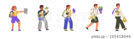 Happy Pupils Going to School. Children with bags, heading for an autumn day of learning. Boys and girls carrying books in their backpacks. Flat illustrations isolated on white background. 105418049