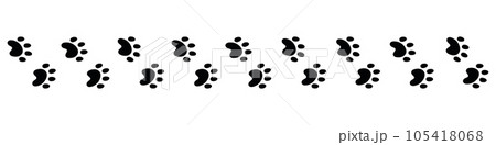 Paw prints of dogs, cat footprints, animalistic patterns, pet steps, puppy foot symbols, tracks, silhouette icons. Flat vector illustrations isolated on white background. Paw prints of dogs, cat footprints, animalistic patterns, pet steps, puppy foot symbols, tracks, silhouette icons. Flat vector illustrations isolated on white background. 105418068
